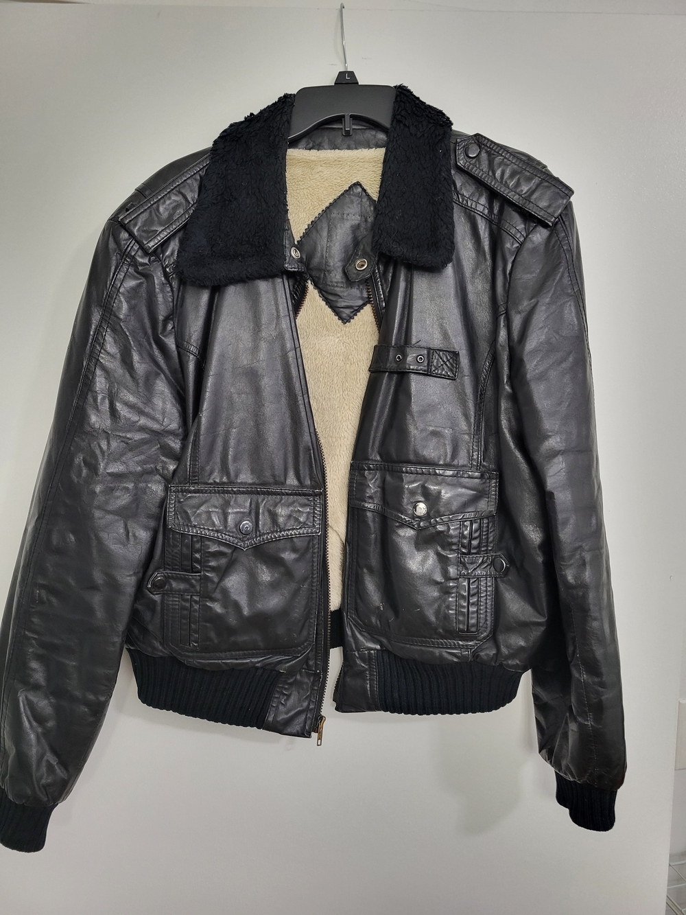 Men's Black Leather Bomber Jacket with Sherpa Collar